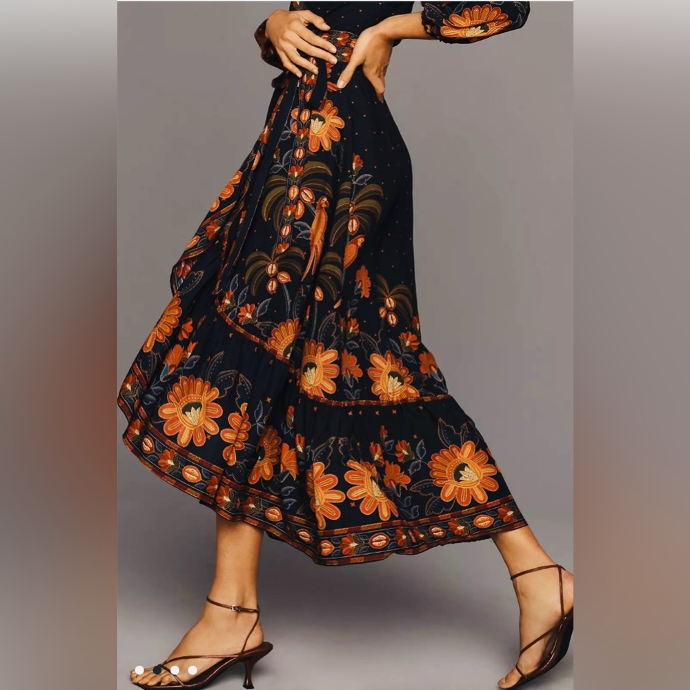 NWT Anthropologie x Farm Rio Navy Orange Floral Wrap Midi Dress XLP - Picture 3 of 12